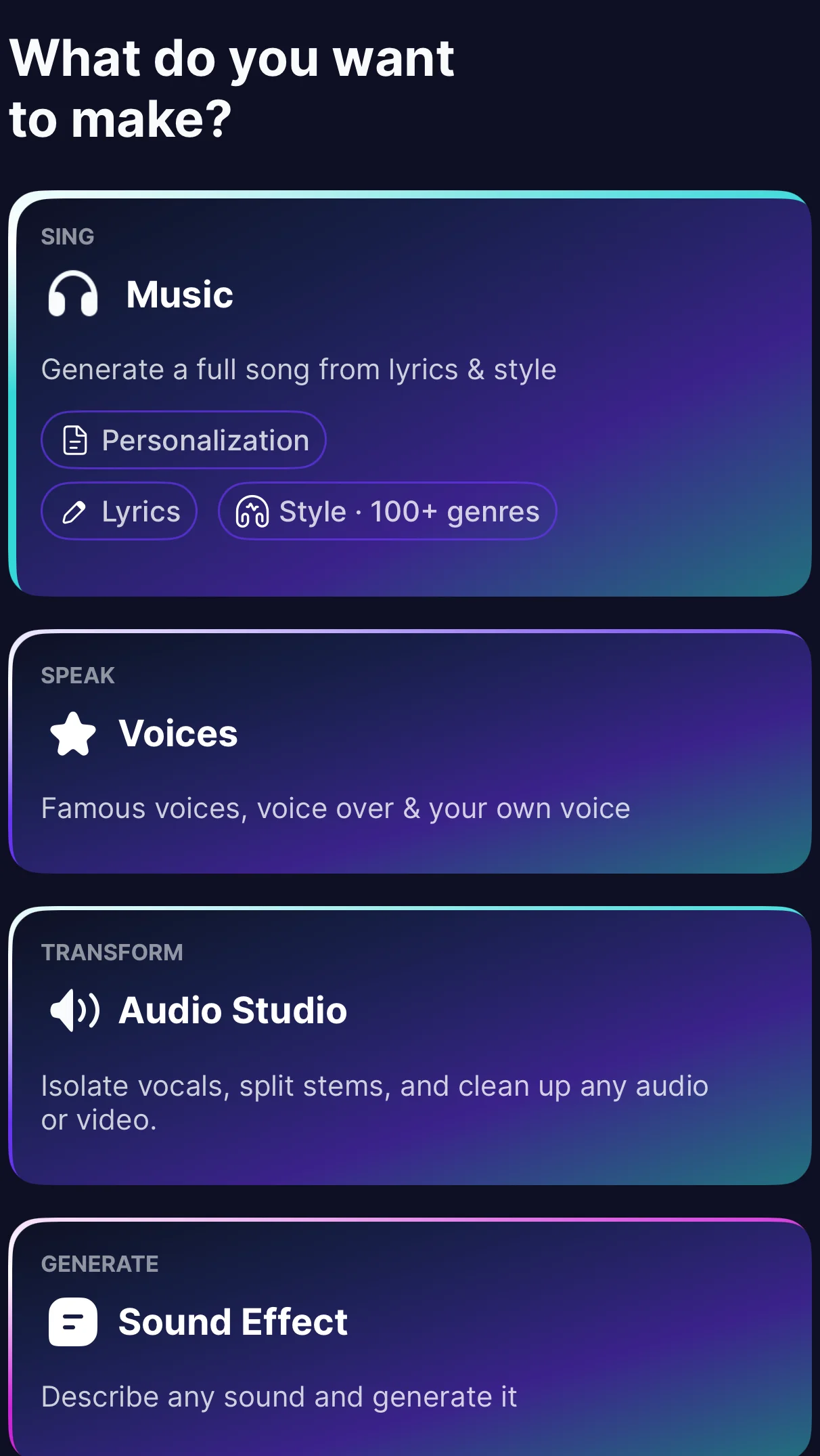 Echo's home screen asking what you want to make, with Music, Voices, Audio Studio and Sound Effect cards