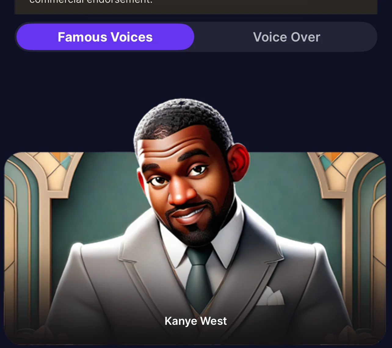 Echo's Famous Voices library with the parody disclaimer and category tabs