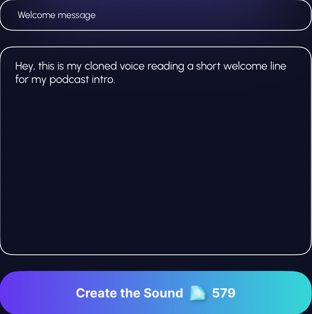 Echo's Enter Text screen with a name field, the text to voice, and the Create the Sound button showing its credit cost
