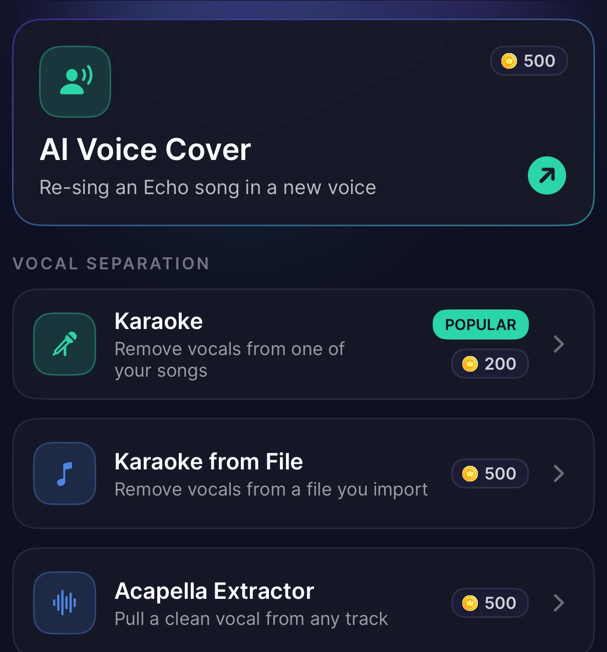 Echo's Audio Studio with AI Voice Cover, Karaoke, Karaoke from File and Acapella Extractor tools, each showing its credit cost