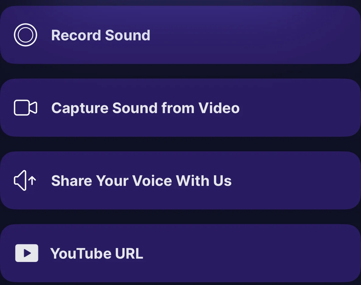 Echo's Add Voice screen with four input options: Record Sound, Capture Sound from Video, Share Your Voice With Us, and YouTube URL