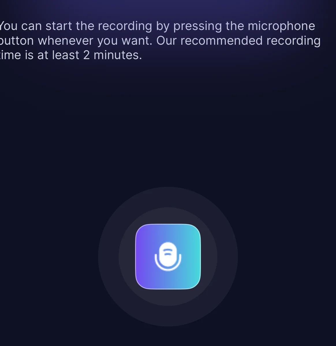 Echo's Record Your Voice screen with the microphone button and the 2-minute recording recommendation