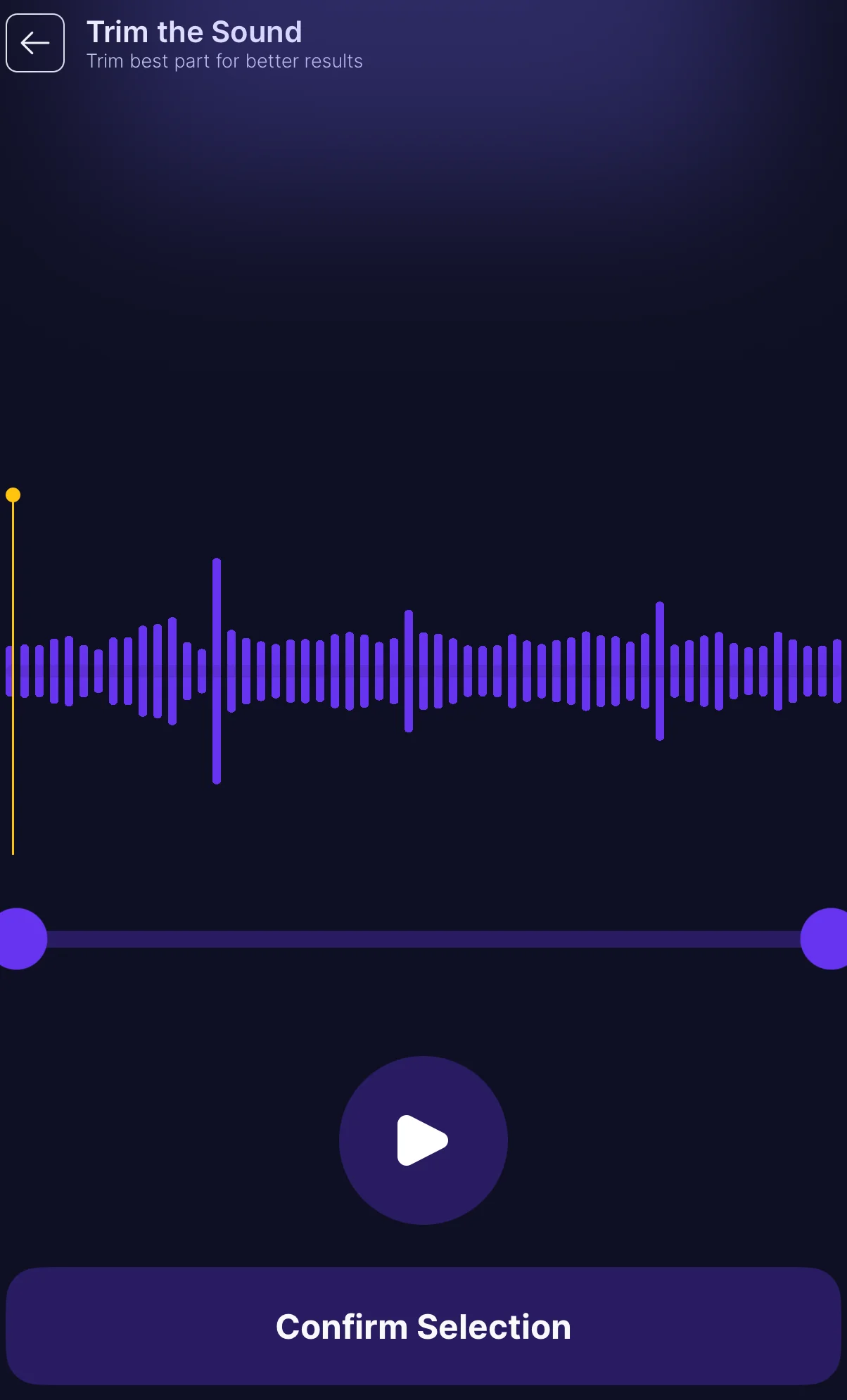 Echo's Trim the Sound screen showing a speech waveform with draggable start and end markers, Confirm Selection and Record Again buttons