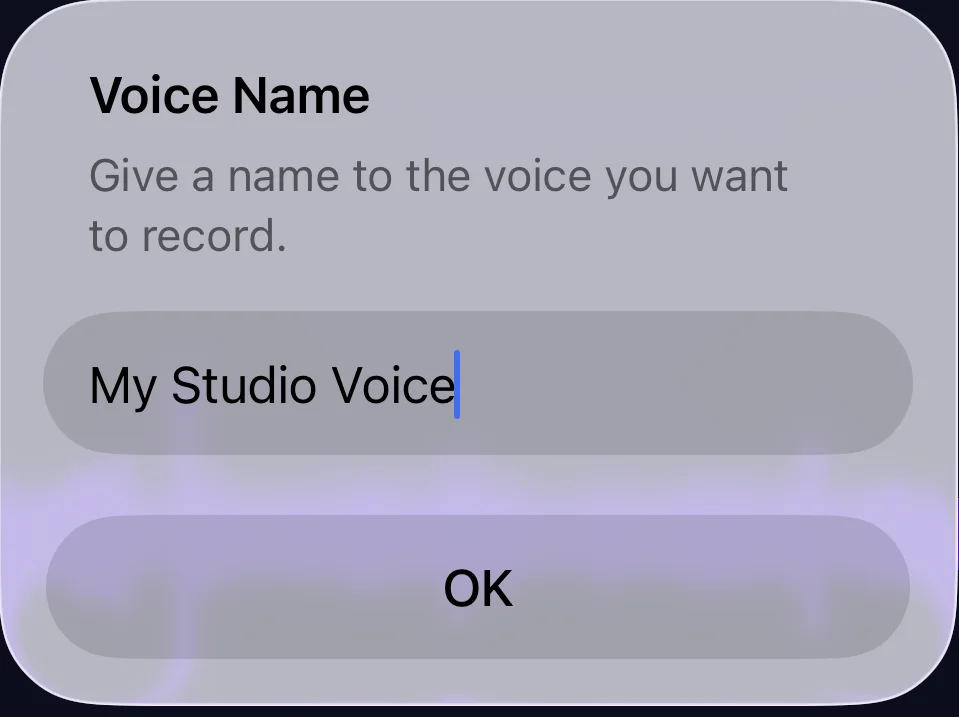 Echo's Voice Name dialog with a text field filled in as My Studio Voice