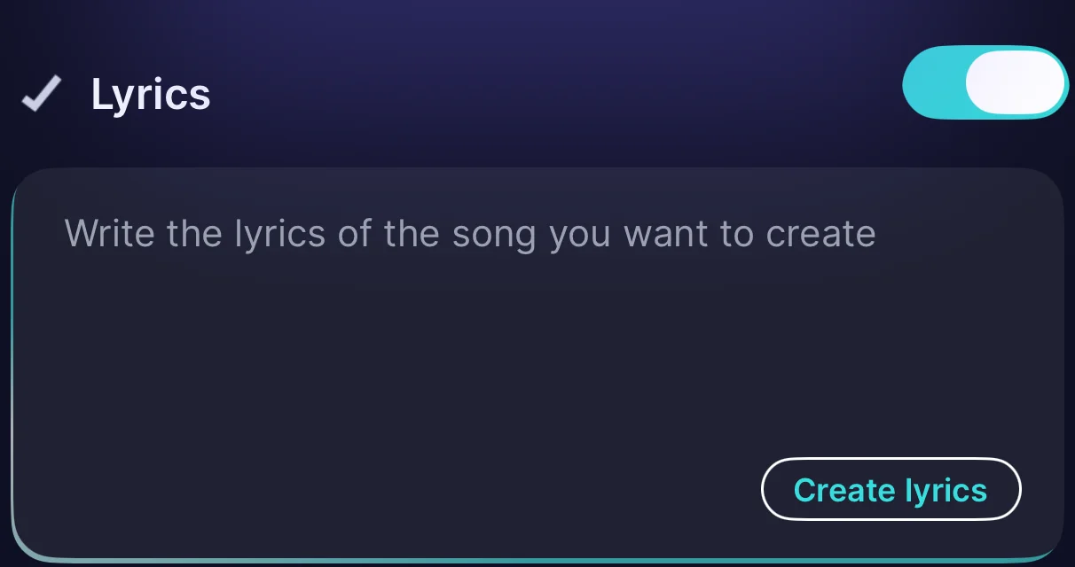 Echo's Create Music form with the Lyrics toggle, lyrics text field and the Create lyrics button