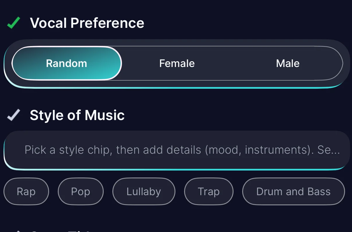Echo's vocal preference selector (Random, Female, Male) and Style of Music field with genre chips like Rap, Pop, Lullaby, Trap, Drum and Bass