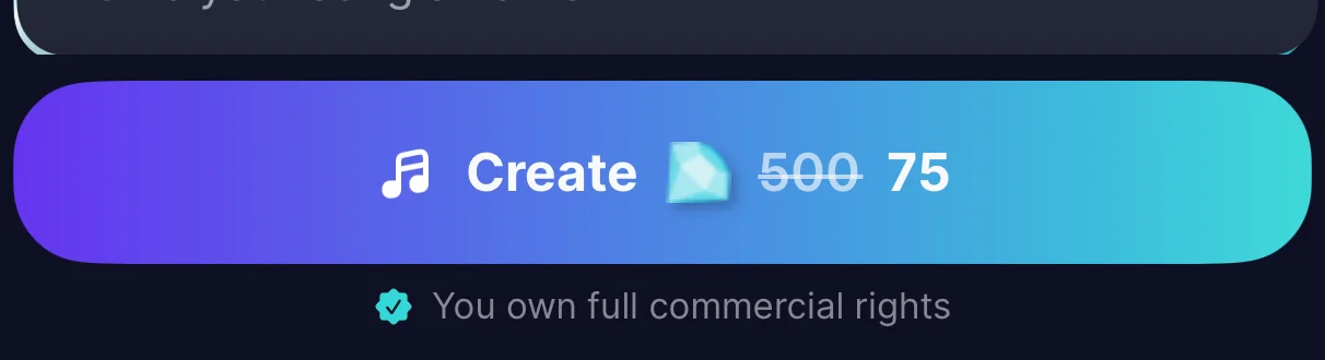 Echo's Create button showing the credit cost, with the 'You own full commercial rights' badge underneath